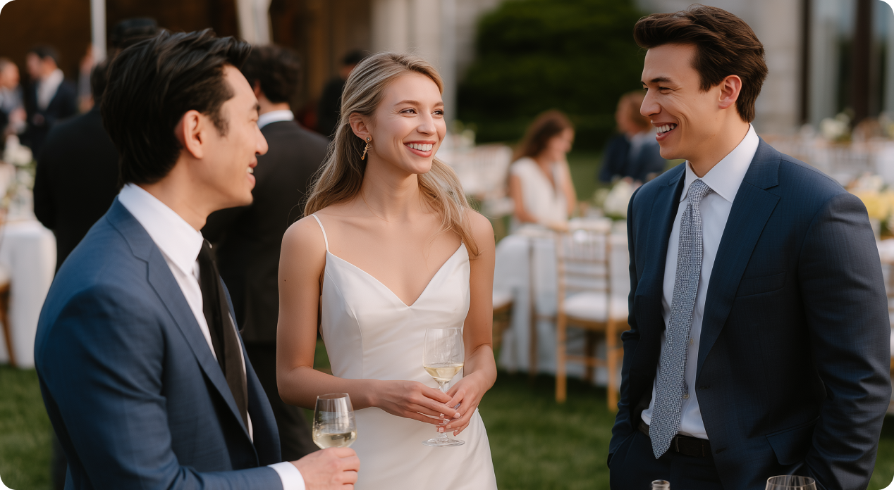 Stilvoll gekleidete Hochzeitsgäste beim entspannten Empfang – eingefangen von Marcel Mader für elegante Party- und Eventvideos.